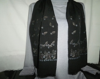 Men's silk scarf Black shawl on a neck Vintage scarf from natural silk with a floral print Woman's bandana Unisex silk scarf