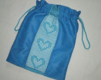 Many times gift sac Blue sac of fabric Little gift sac Pack of gifts Favor bag Sack with a lace decorative pattern Gift wrap Crochet decor