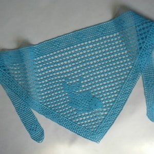 May include: A light blue crocheted scarf with a triangular shape and two long fringe ends.