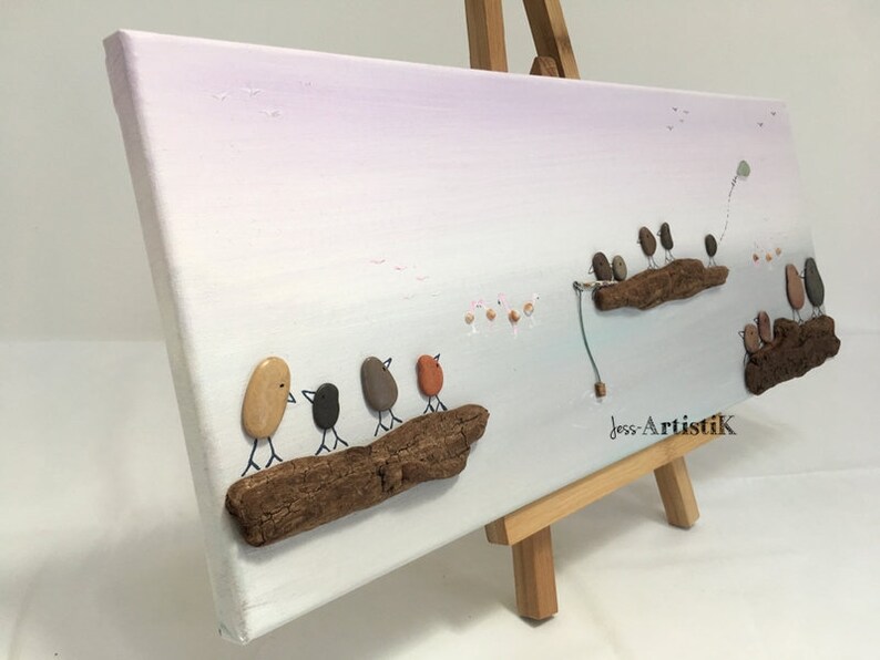 Tableau galets bois flotté oiseaux au bord de l'étang | Etsy