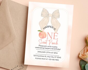 One Sweet Peach Birthday Invite Template | First Birthday Invite Template | Peach Birthday Invite Template | Pink Birthday Invite Template