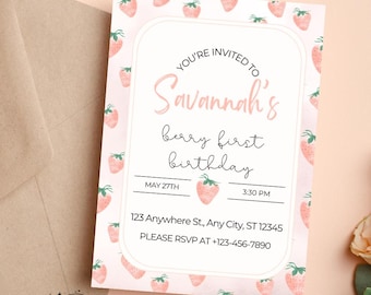 Berry First Birthday Invite Template | Strawberry Birthday Invite Template | 1st Birthday Invite | Pink Birthday Invitation Template