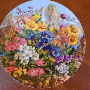 Flowers porcelain plate handpainted decorative plate bright flowers yellow red pink green blue collection old unique bone china vintage