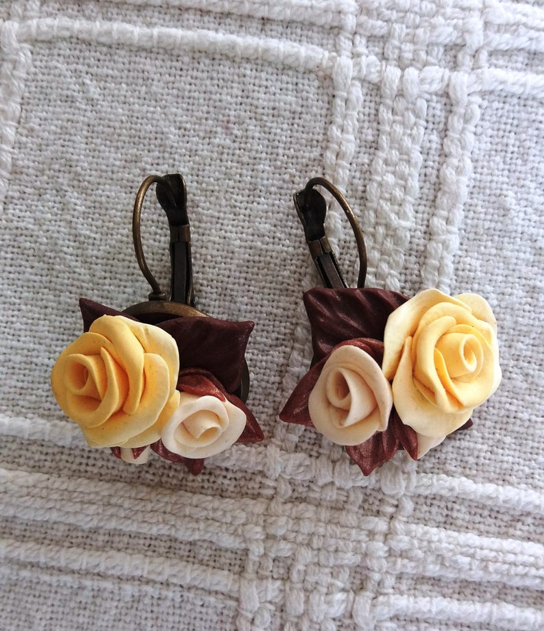 Beautiful earrings Earrings Vintage earrings Vintage jewelry Yellow and brown roses earrings Vintage roses earrings Elegant earrings