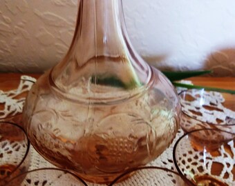 Vintage Brown Glass Decanter with 6 Glasses, Liquor Set