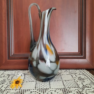 MULTICOLOR GLASS Pitcher Vintage Multicolor Glass Pitcher Vintage Table Serving USSR 1980s Beautiful Glass Jug Yellow Blue Unique Glass Vase