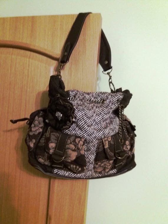 Vintage brown handbag fabric bag rose embellishme… - image 1