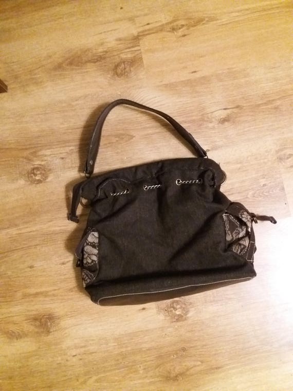 Vintage brown handbag fabric bag rose embellishme… - image 3