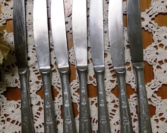 Vintage Table Knives, Ornate Handle Silverware, Set of 7.