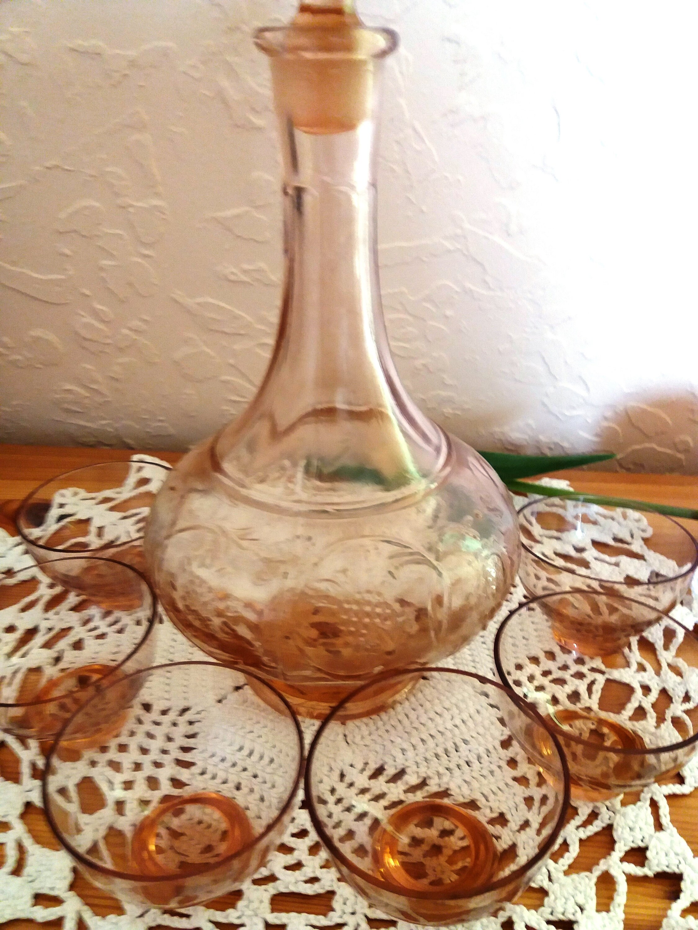 Beautiful Vintage Decanter With 6 Glasses Brown Glass Decanter Etsy