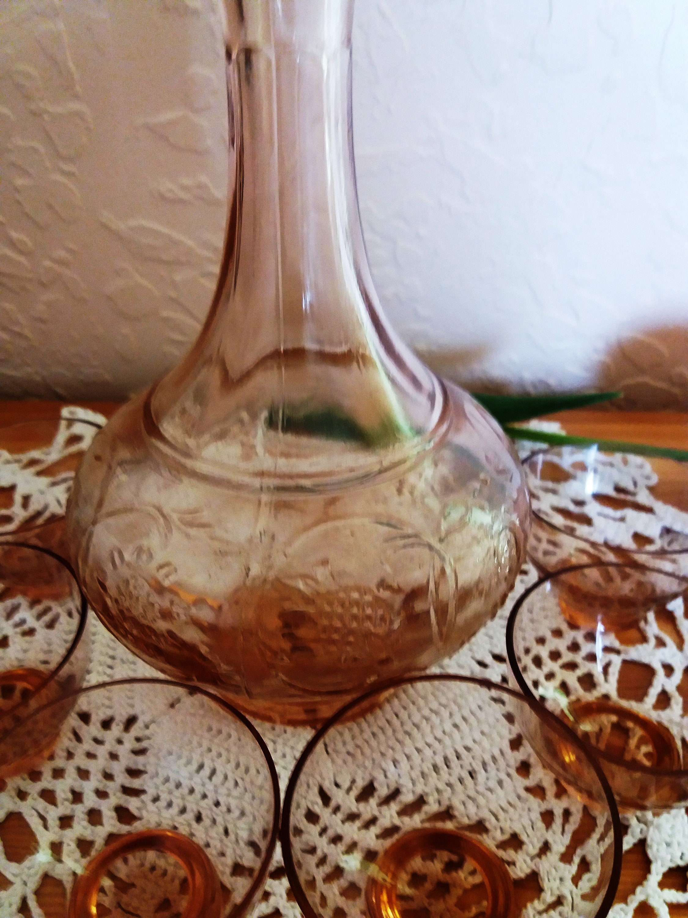 Beautiful Vintage Decanter With 6 Glasses Brown Glass Decanter Etsy