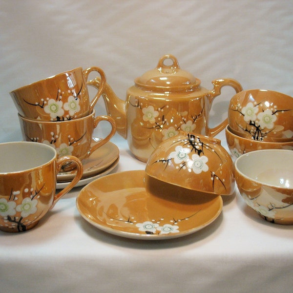 Petit service à thé en porcelaine irisée, service à thé ancien