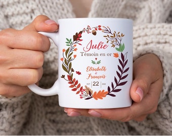 MUG EN CÉRAMIQUE, spécial mariage, automne, cadeau de témoin, personnalisé, blanc