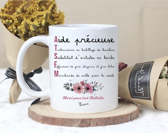 cadeau fin d'année, spécial ATSEM, mug personnalisé, blanc, céramique