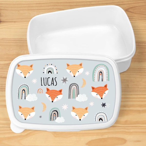 Meal box, foxes, personalized, blue or white