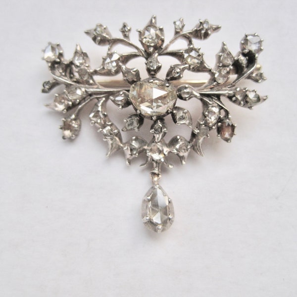 Antique Vintage gold brooch set with beautiful rose cut diamonds in silver