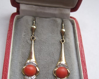 Antique 14K. gold earrings with coral and small diamonds ca. 1960 Vintage