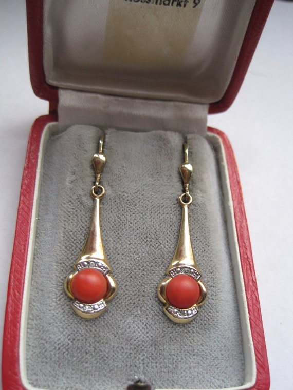 Antique 14K. gold earrings with coral and small d… - image 1