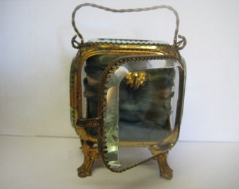 Antique jewelry box metal alloy fire-gilded, silk, jewelry box vintage