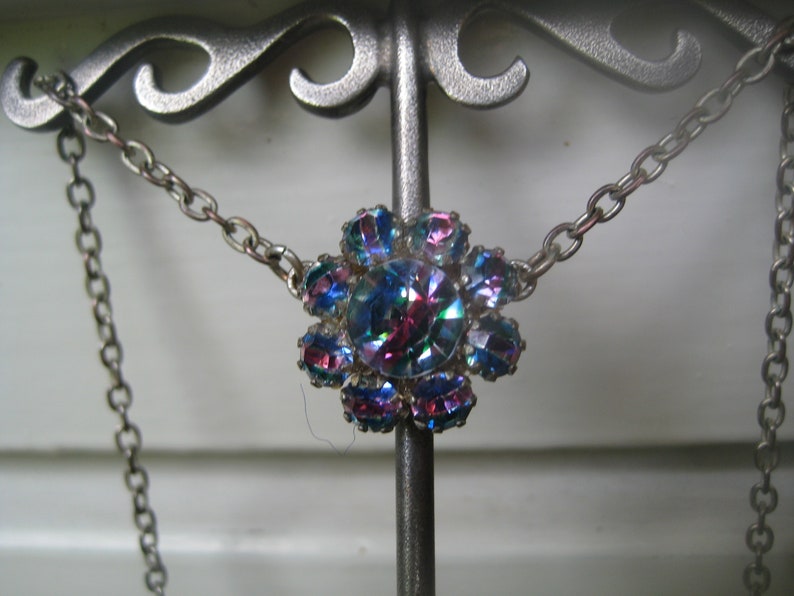 Vintage Rainbow Iris Glass slice rhinestone Drop Swag Necklace