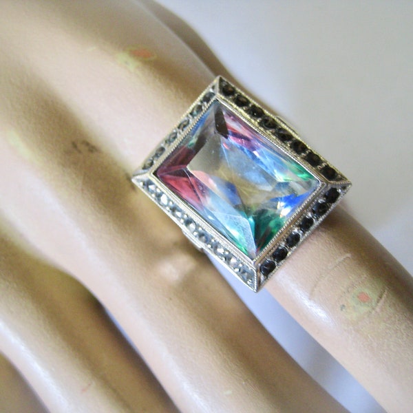 Regenboog kristal, vintage ring zilver gekeurd 835 Art Deco Duitsland ca. 1930/40