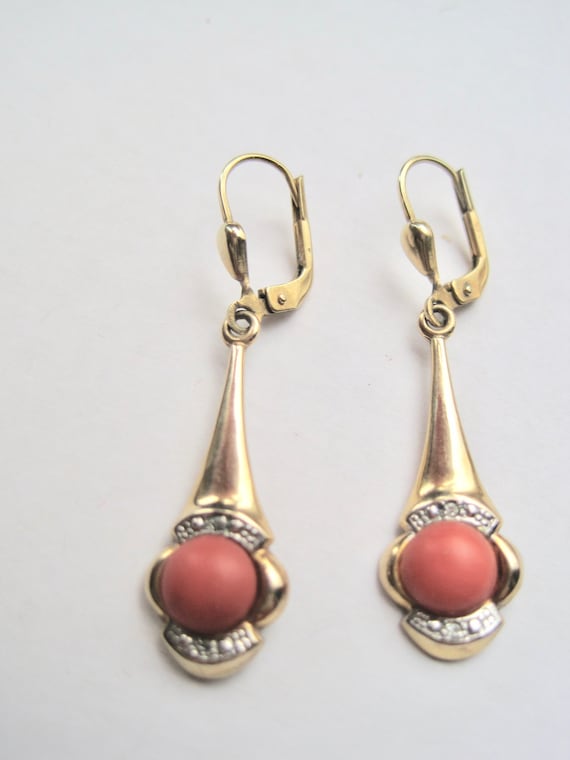 Antique 14K. gold earrings with coral and small d… - image 3