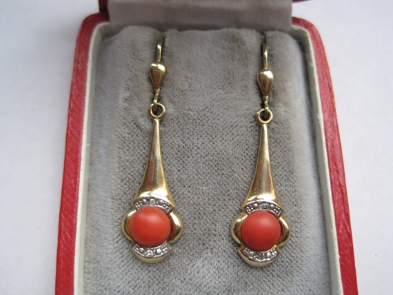 Antique 14K. gold earrings with coral and small d… - image 2