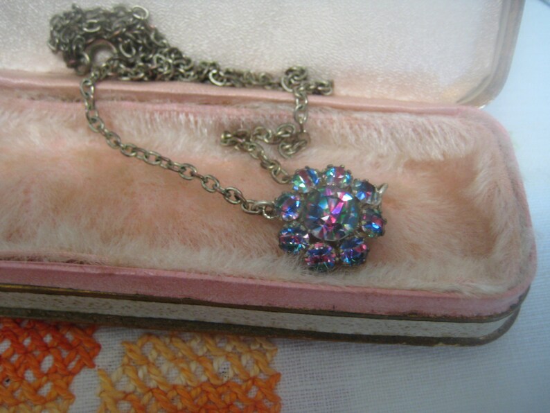 Vintage Rainbow Iris Glass slice rhinestone Drop Swag Necklace