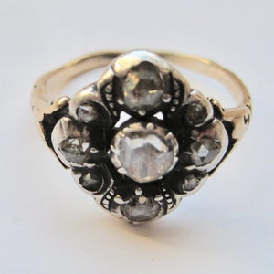 Pompadour 14K gold ring with old cut diamond set in silver and gold Antique, vintage original European.