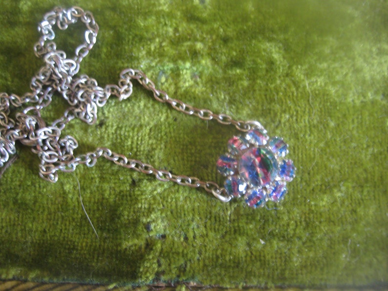 Vintage Rainbow Iris Glass slice rhinestone Drop Swag Necklace