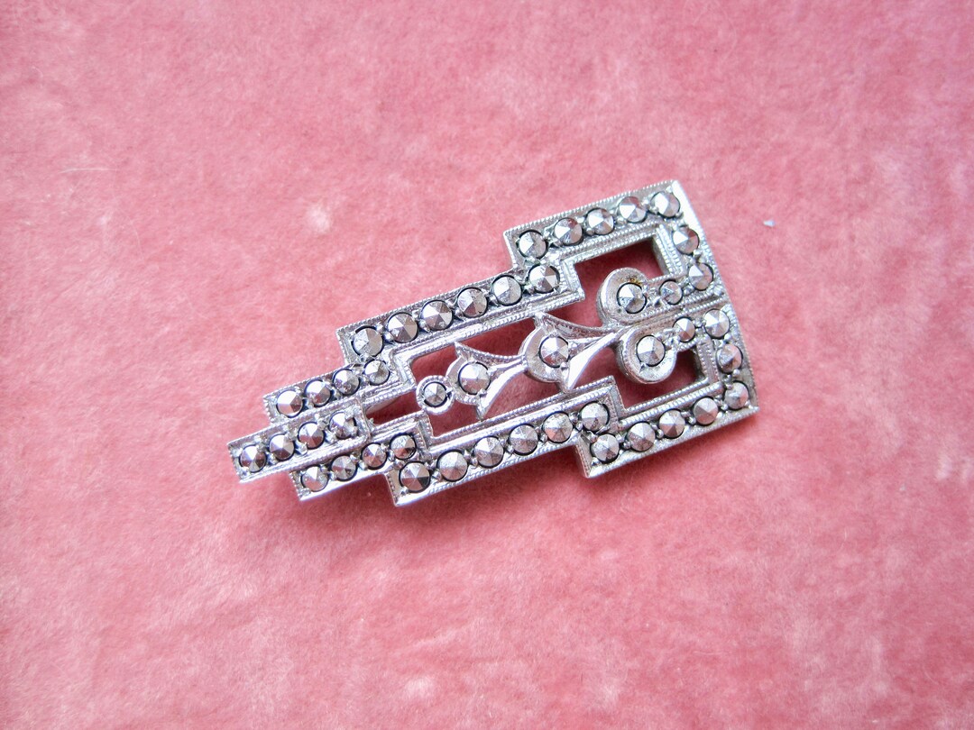 Pendentif Vintage Art Déco En Argent 950 - Hématite Et Marcassite - Bijou Années 20 - Occasion Très Bon État