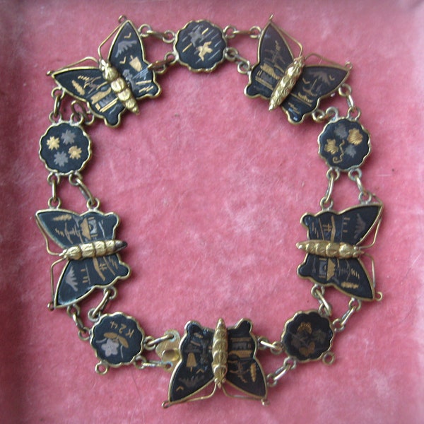 Gilded with 24K gold, Butterfly bracelet. Japan Shakudo, Vintage