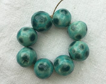 Perles en Céramique Artisanales turquoise à motifs émeraude