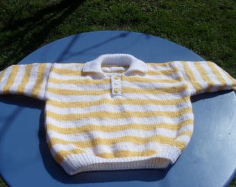 Polo 12 months striped yellow and white, hand knitted