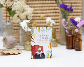 Illustrated seed packet of colorful carrots, Organic vegetables different from the usual, Seed packet for the garden, biodiversity