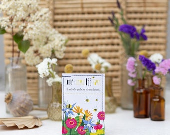 Illustrated seed packet of calendula, borage, zinnia and marigold, Seed packet for bees, biodiversity, Don't worry bee happy!