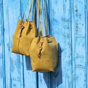 Handmade Mustard Leather Bucket Bag with Drawstring, Free authentic personalization