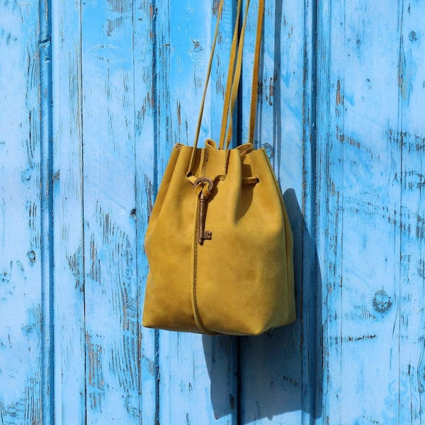 Handmade Leather Bucket Bag with Drawstring, Free authentic personalization