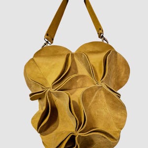 Senfgelb Leder Patchwork Tasche, handgemachte Bucket Bag mit natürlichem Leder