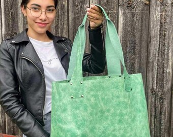 Bolso tote XXL verde menta, bolso tote rústico, hecho a mano con cuero rústico italiano grueso, personalización gratuita
