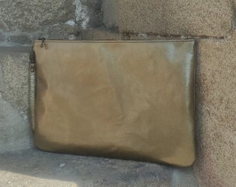 XXL Leather Zipper Pouch( 15” x 5”), Natural Leather Wristlet Purse, Envelope clutch bag