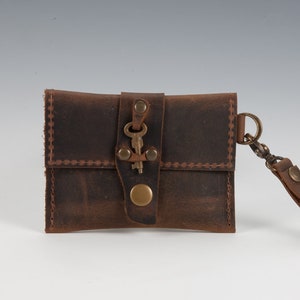 OOAK Leather Mini Purse, Leather Wristlet Coin Purse with Bolt button and Antique Key, Leather Change Purse, Leather Coin Pouch