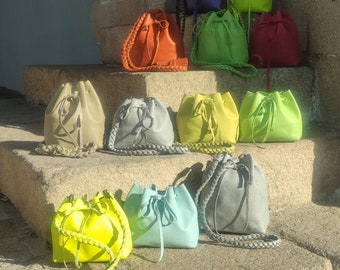 Leather Bucket bag, Handmade small Drawstring bag, Lots of colors