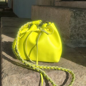Neon Yellow Leather Bucket bag, Mini Drawstring bag with braided strap, Lots of colors