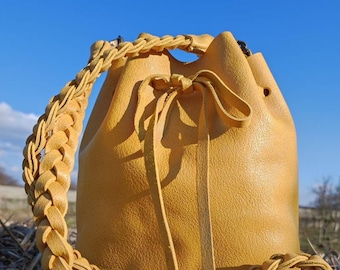 Leather Bucket Bag, Honey Yellow, Handmade with Personalization