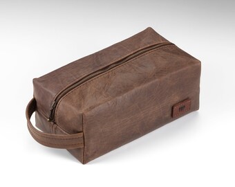 Bolso grande de cuero estilo Dopp con cremallera con asa, bolso de maquillaje de gran tamaño, estuche de cuero de carbón rústico, regalo para hombres
