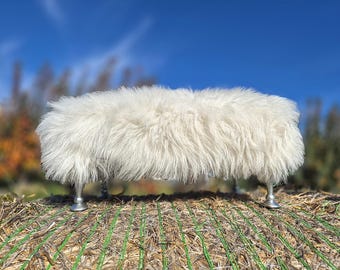 Ivory lambskin footstool, handmade with very soft natural sheep fur, Under desk stool