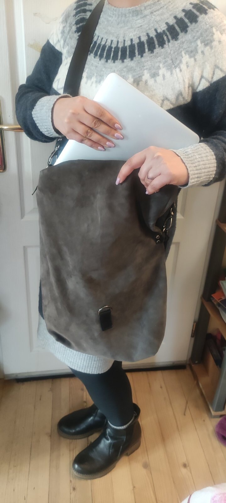 LEATHER Cross Body Bag Fold Over Asymmetrical Leather SUEDE Etsy