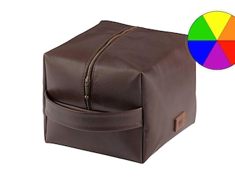 Neceser de piel XL - Estuche cúbico con iniciales personalizadas, Neceser marrón oscuro hecho a mano, Estuche de viaje grande, Regalo para él, Regalo para hombre