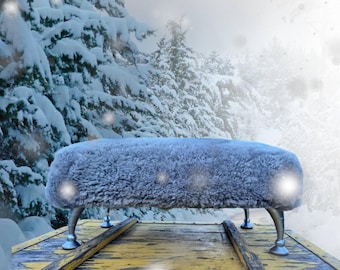lambskin footstool, handmade with very soft natural gray sheep fur, Under desk stool